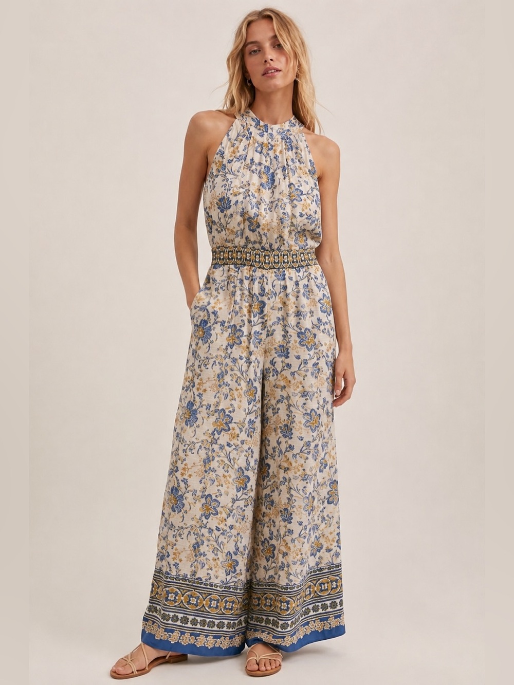 NWT 1 State Paisley Halter Wide-Leg Jumpsuit in Gold Cream & Blue Size XS